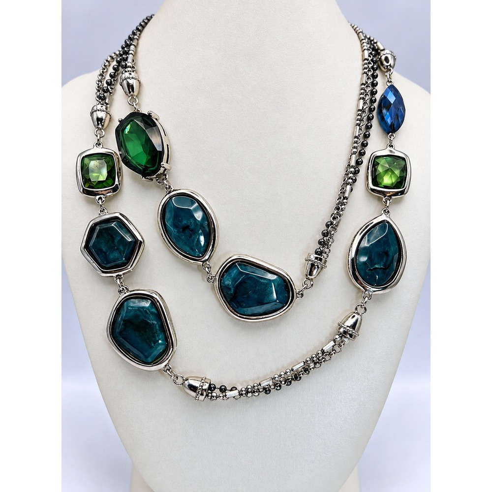Chicos Statement Necklace Womens OS Green Blue Good Layered Beaded Mixed Media